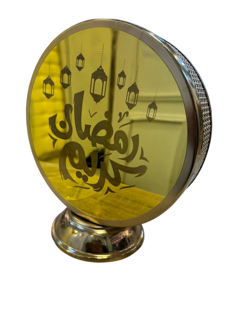 Ramadan Lantern Round Mirror Two Sides Plain and Embossed (Ramadan Kareem), Shiny Gold, Metal and Glass, with Base Holder, Islamic Motifs - Image 1